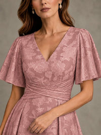 V-Neck Floral Jacquard Tea-Length Mother of the Bride Dress