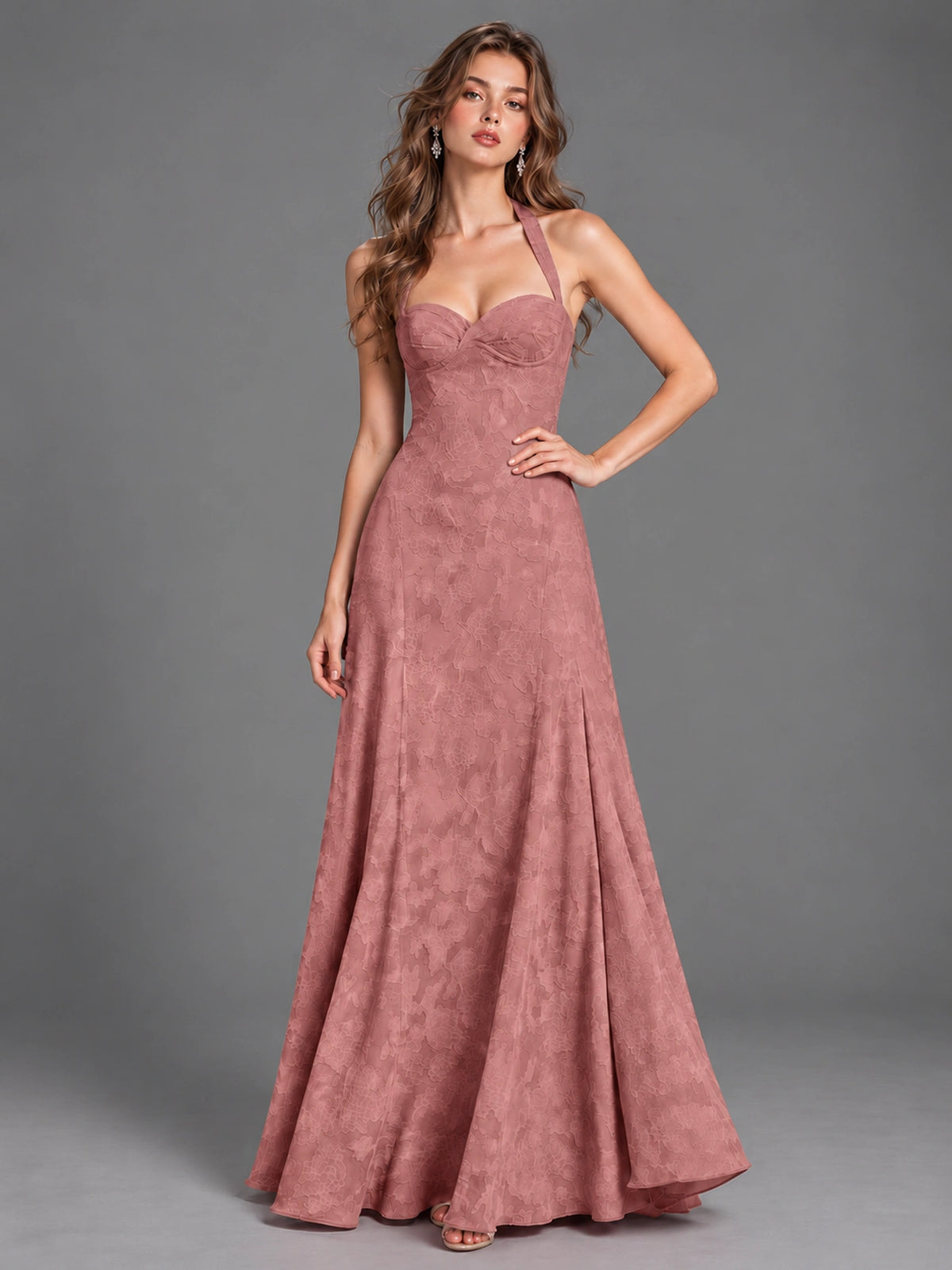A-Line Halter Floral Chiffon Maxi Dress