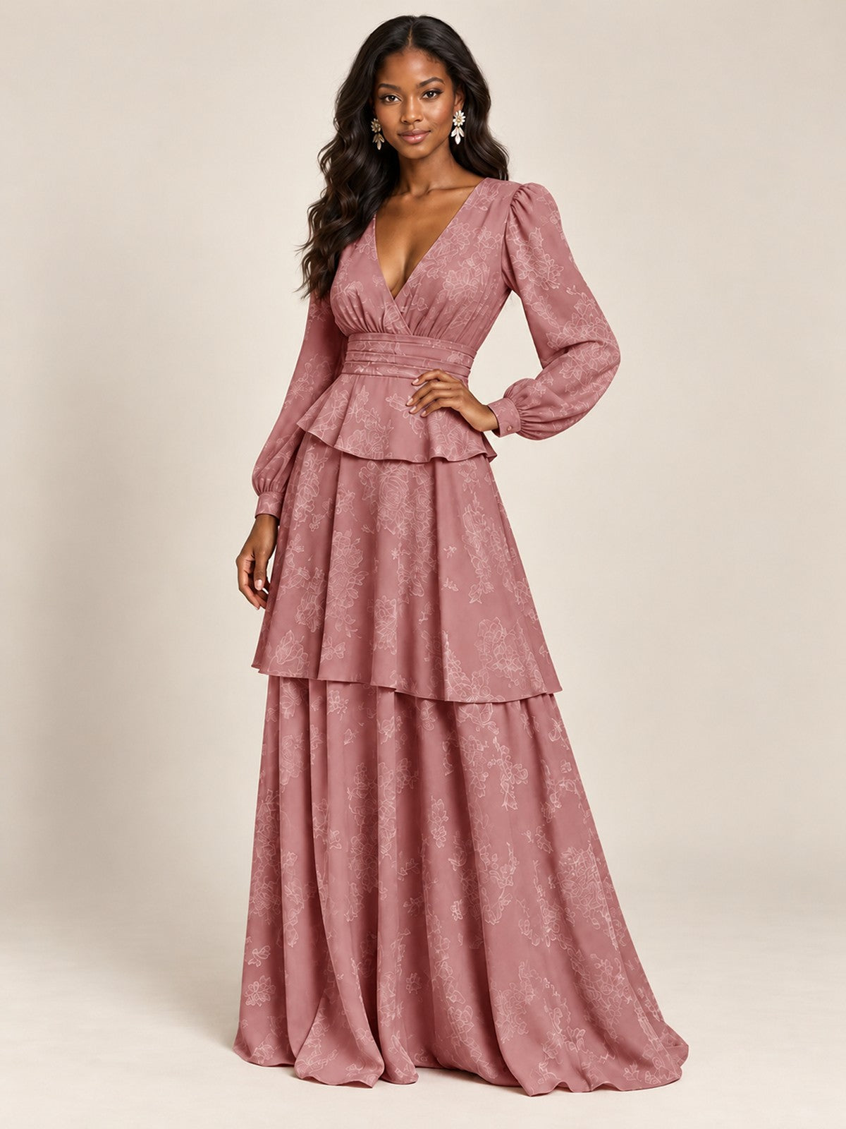 Blush Pink Floral Long Sleeve Maxi Dress