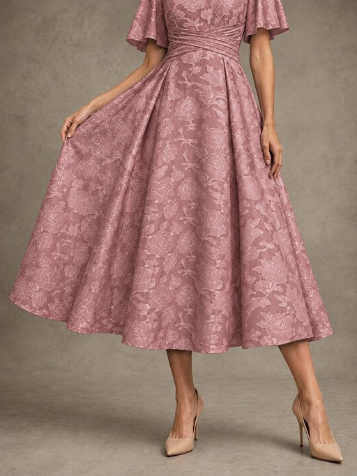 V-Neck Floral Jacquard Tea-Length Mother of the Bride Dress