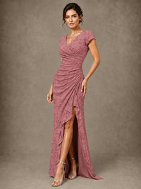 V-Neck Floral Jacquard Mother of the Bride Dress with Slit