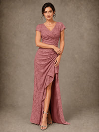 V-Neck Floral Jacquard Mother of the Bride Dress with Slit