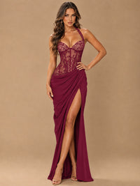 Sweetheart Halter Prom Dress Pleated Lace Floral Formal Dress with Slit