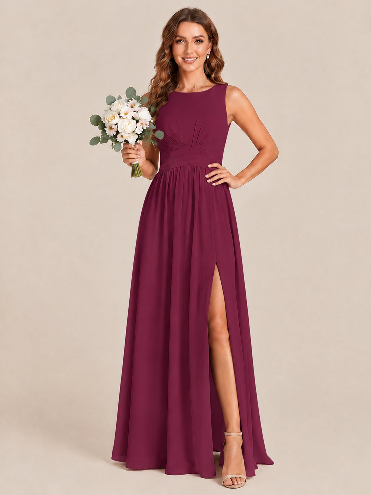 A-line Sleeveless Rucehd Chiffon Bridesmaid Dress with High Slit