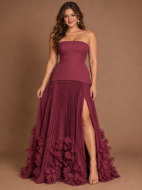 Strapless Pleated Floral Satin Formal Dress with Side Slit