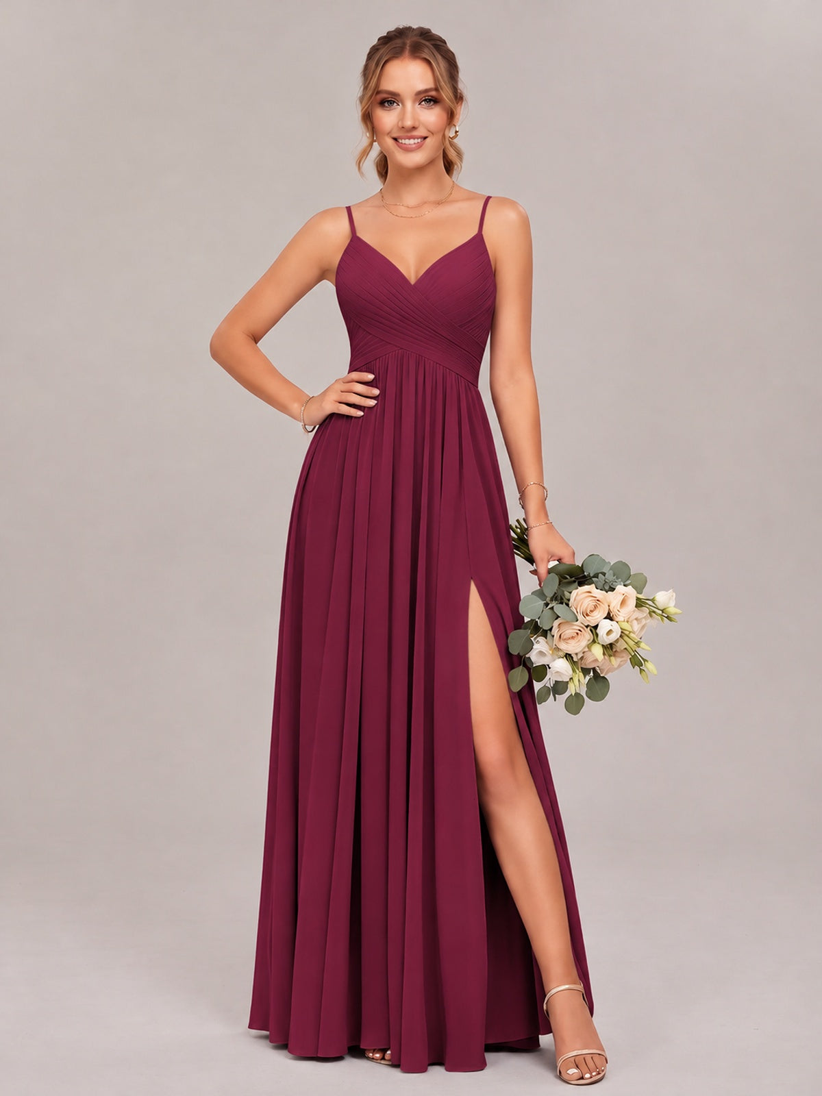 Desert Rose Spaghetti Straps Pleated Chiffon Bridesmaid Dress with Slit V-Neck A-line Long Formal Evening Wedding Guest Gown
