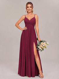 Desert Rose Spaghetti Straps Pleated Chiffon Bridesmaid Dress with Slit V-Neck A-line Long Formal Evening Wedding Guest Gown