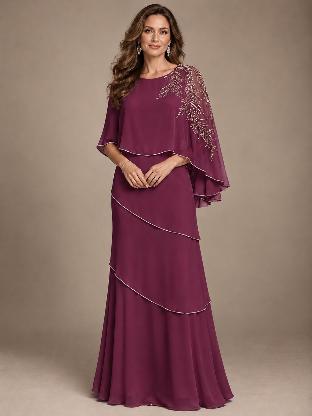 Elegant Chiffon Cape Sleeve Beaded Mother of the Bride Dress