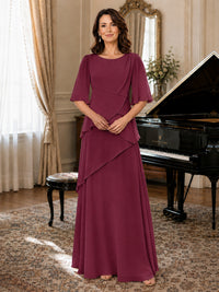 Asymmetric Draped Chiffon Mother of the Bride Dress with Flutter Sleeves