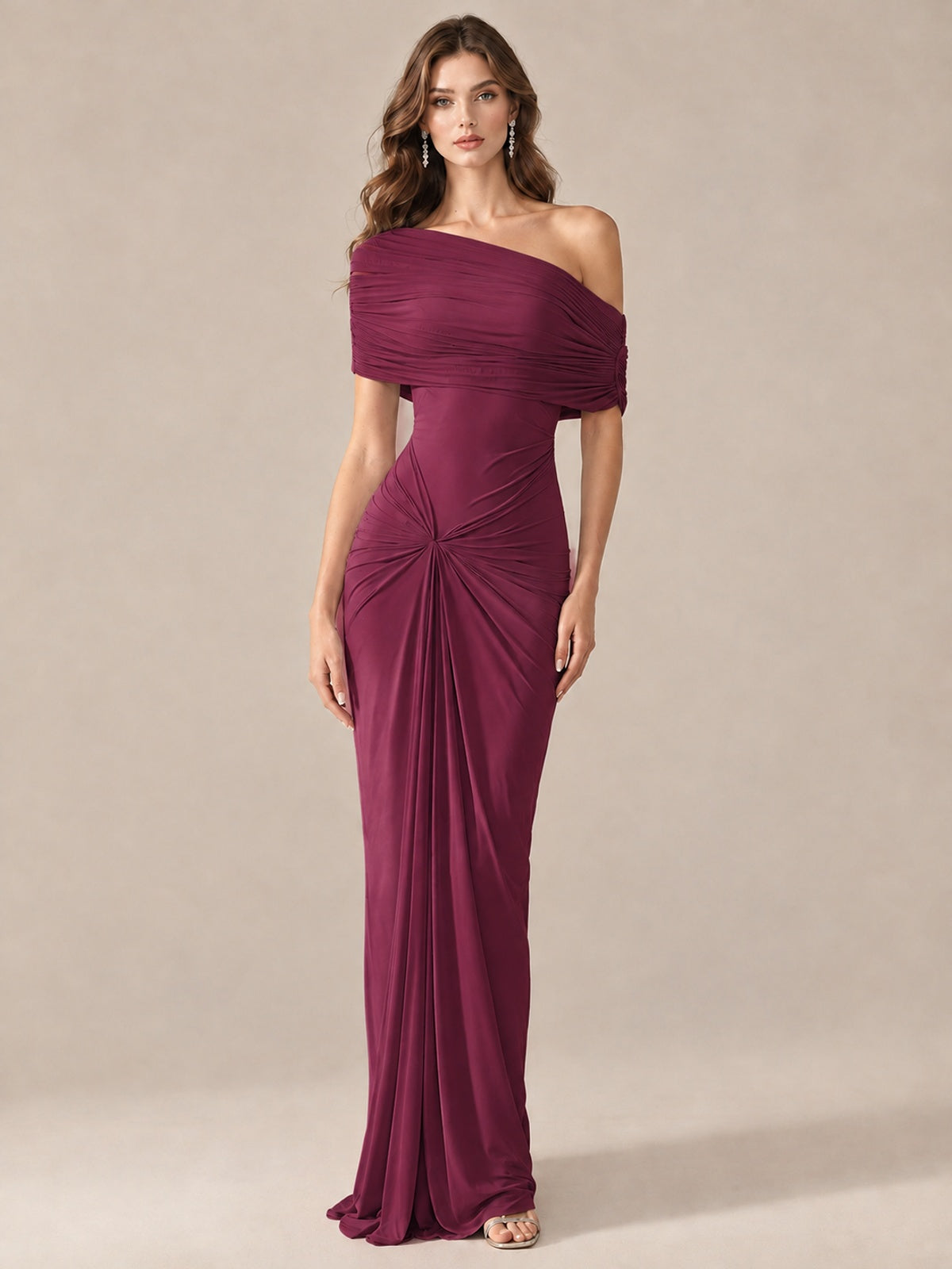 Elegant Draped Off Shoulder Ruched Mermaid Chiffon Formal Evening Gown