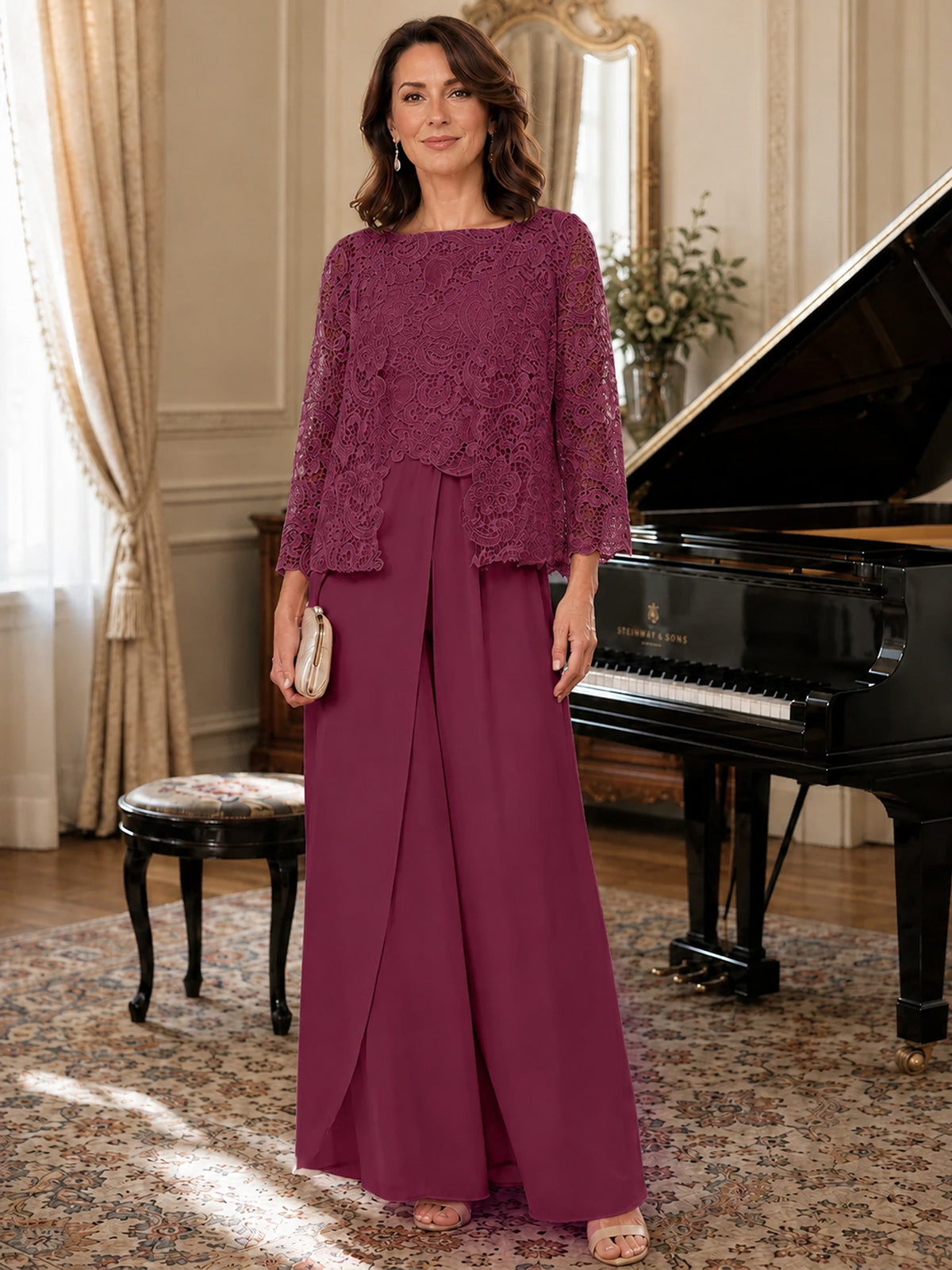 Elegant 3-Piece Chiffon Mother of the Bride Pantsuit with Floral Applique Jacket
