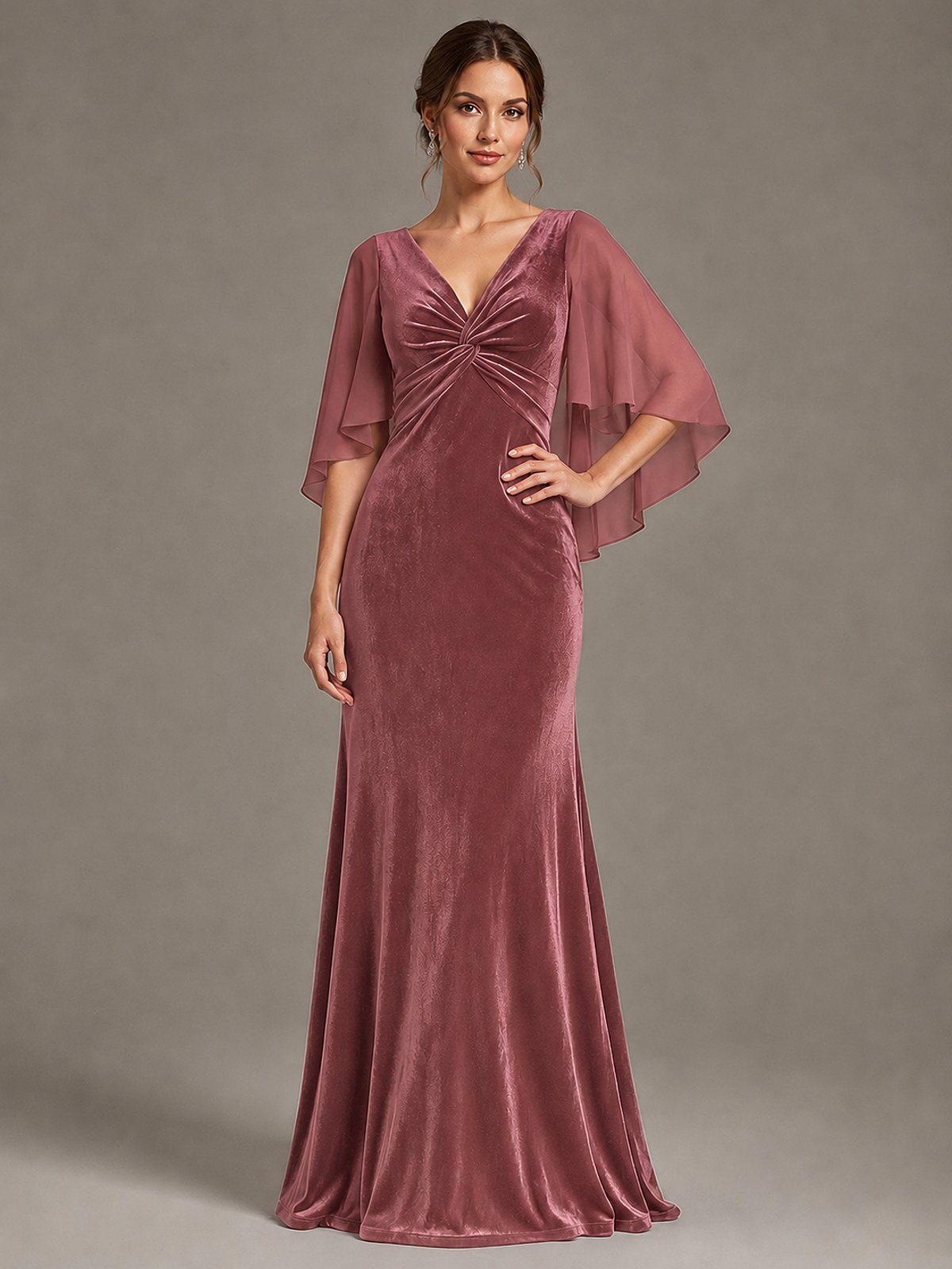Navy Blue Velvet V Neck Mermaid Formal Dress with Flutter Cape Sleeves