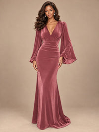 Burgundy Velvet Deep V-Neck Ruched Long Sleeve Maxi Dress