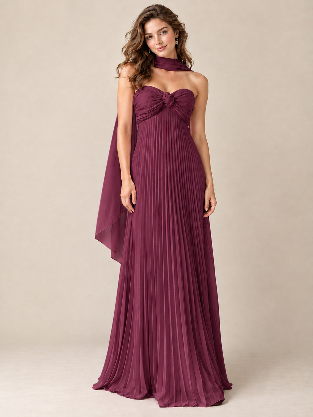 Sweetheart Neckline Pleated Prom Dress Strapless A-line Formal Dress with Flowy Scarf