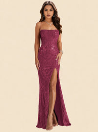 Sequin Lace Appliques Mermaid Prom Dress Spaghetti Strap Formal Gowns with Slit