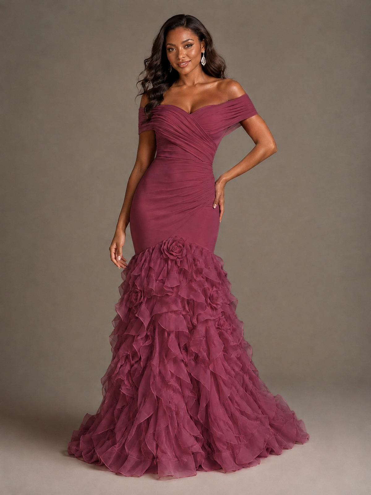 Pink Off-the-Shoulder Mermaid Prom Dress with Ruffles 3D Flowers