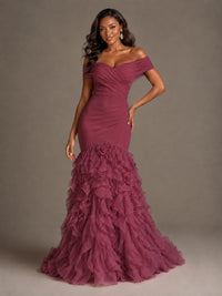 Pink Off-the-Shoulder Mermaid Prom Dress with Ruffles 3D Flowers