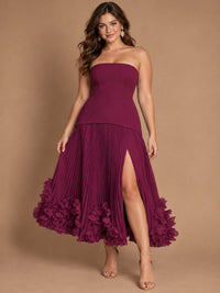 Navy Blue Strapless Pleated A-Line Midi Dress with 3D Floral Applique