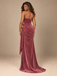 Burgundy Velvet Strapless Ruched Prom Dress with Jeweled Side Drape