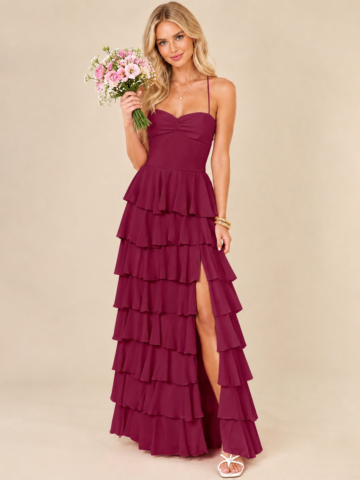 Ruffled Tiered Chiffon Prom Dress Spaghetti Straps Formal Maxi Dress with Slit