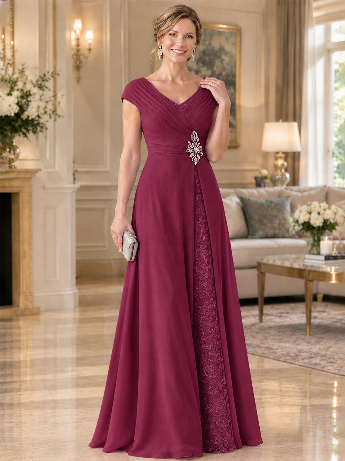 Pleated Chiffon Lace Mother of The Bride Dresses with Beading Cap Sleeves