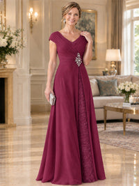 Pleated Chiffon Lace Mother of The Bride Dresses with Beading Cap Sleeves