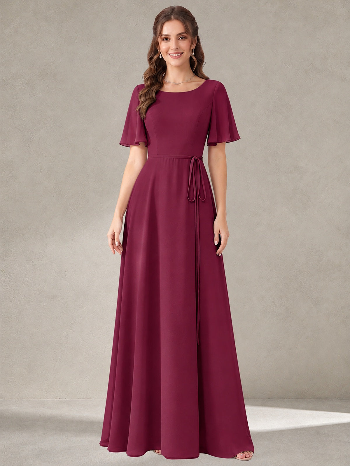 Desert Rose Scoop Neck A-line Chiffon Bridesmaid Dress with Belt Flutter Sleeve Formal Wedding Guest Dress Evening Gown