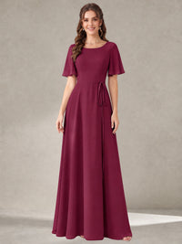 Desert Rose Scoop Neck A-line Chiffon Bridesmaid Dress with Belt Flutter Sleeve Formal Wedding Guest Dress Evening Gown