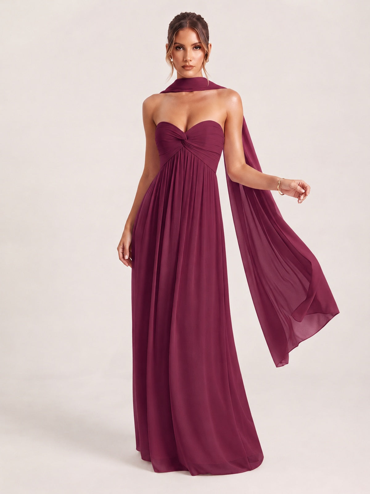 Desert Rose Strapless Ruched Chiffon Long Prom Dress with Scarf A-line Sweetheart Ruffled Formal Wedding Guest Dress Evening Gown