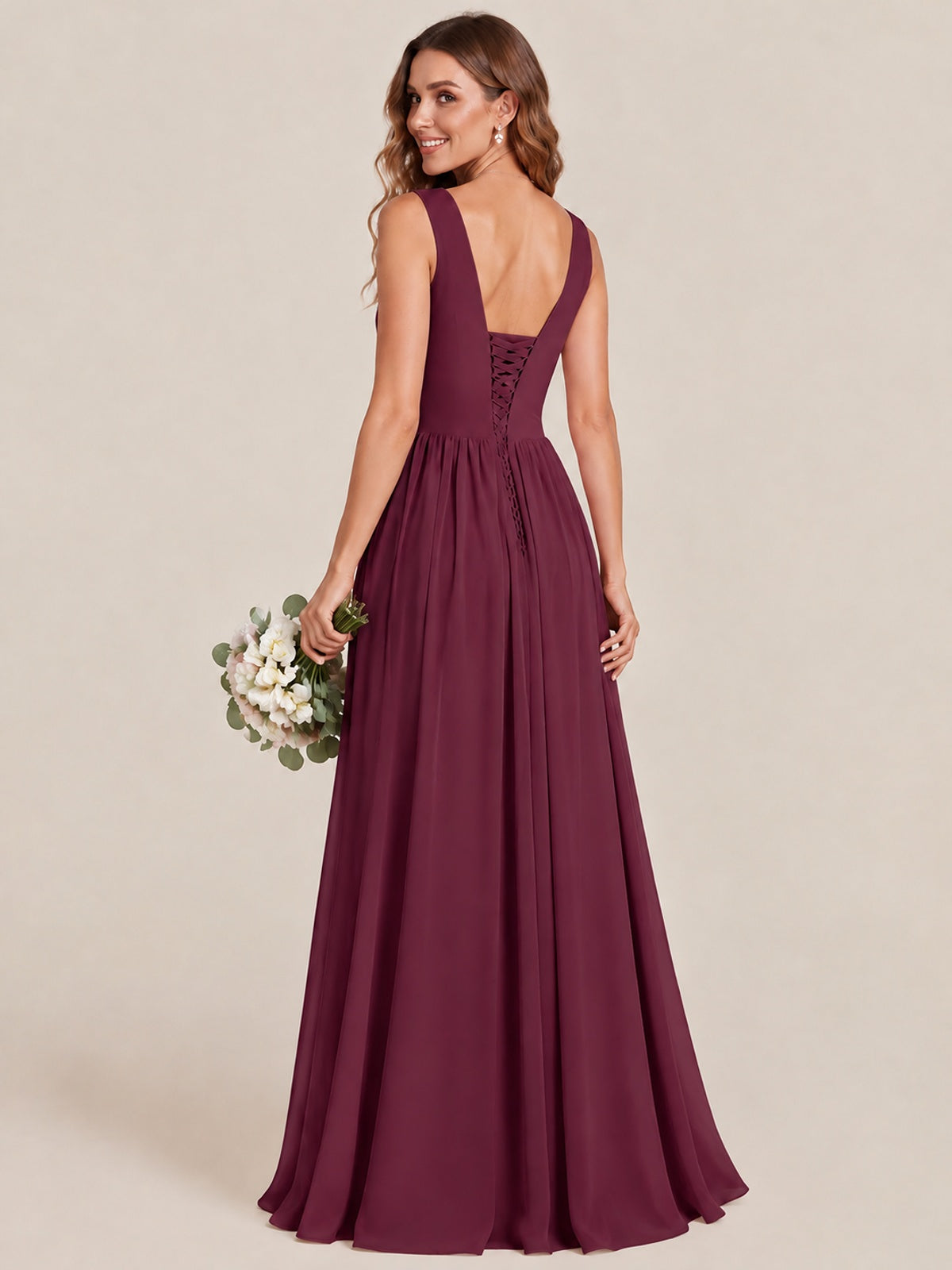 A-line Sleeveless Rucehd Chiffon Bridesmaid Dress with High Slit