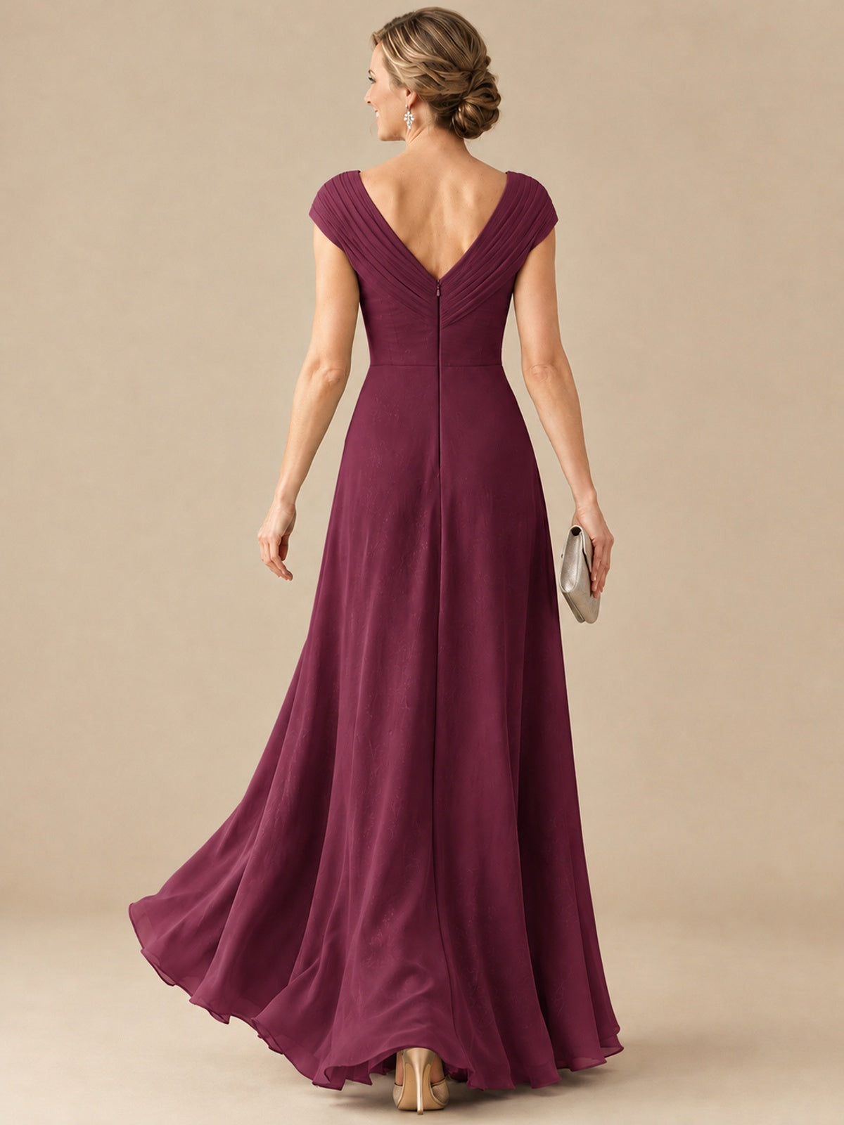 Pleated Chiffon Lace Mother of The Bride Dresses with Beading Cap Sleeves