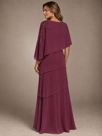 Elegant Chiffon Cape Sleeve Beaded Mother of the Bride Dress