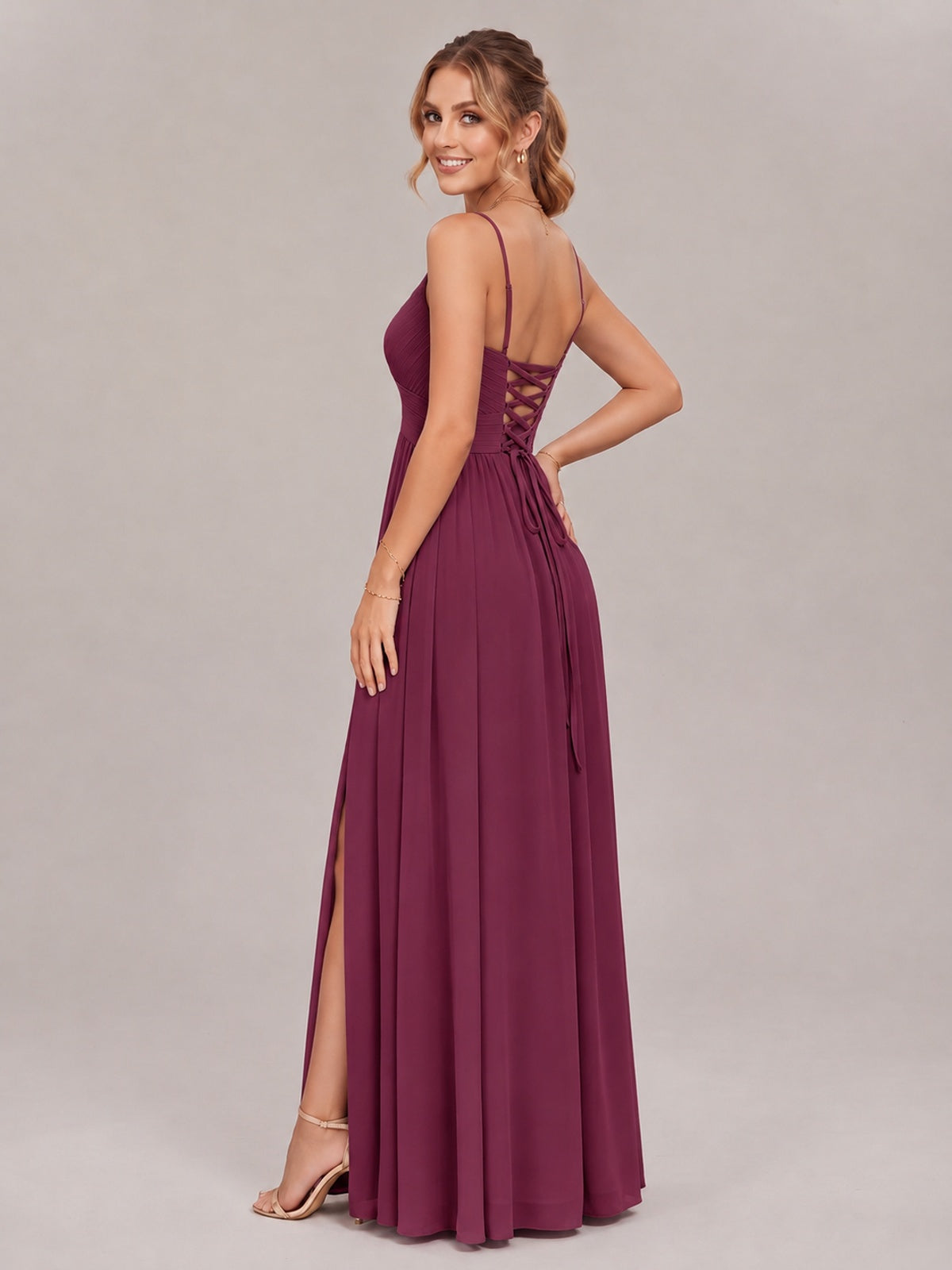 V-Neck Pleated Chiffon Long Bridesmaid Dress with Slit