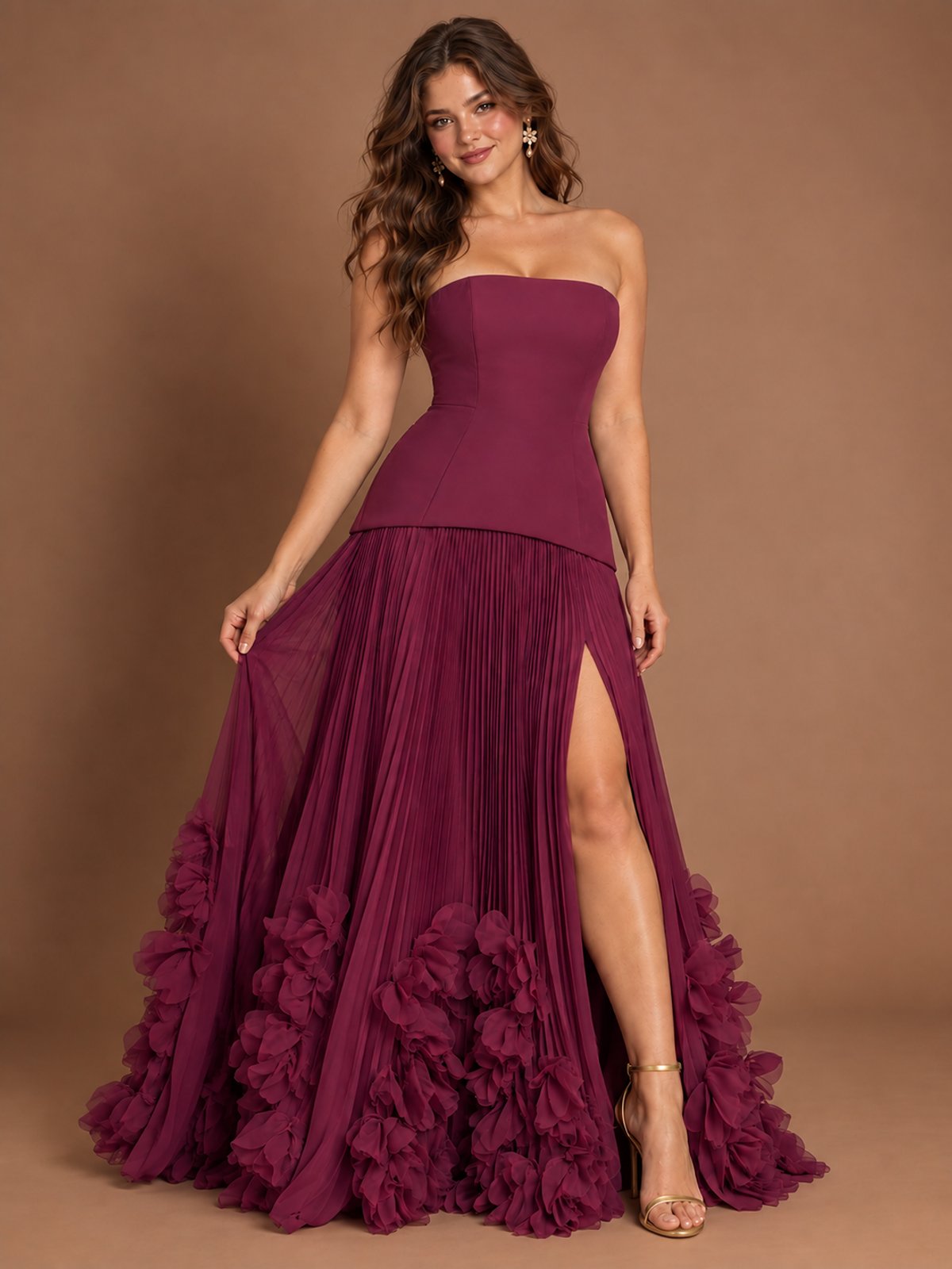 Strapless Pleated Floral Satin Formal Dress with Side Slit