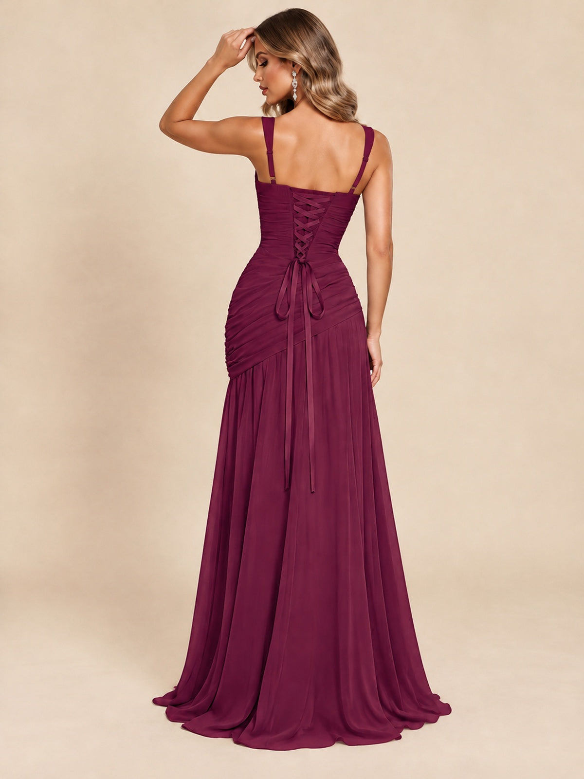 Wrap Pleated Prom Dress Scoop Neck with Slit Women Wedding Formal Dress