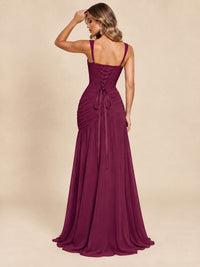 Wrap Pleated Prom Dress Scoop Neck with Slit Women Wedding Formal Dress