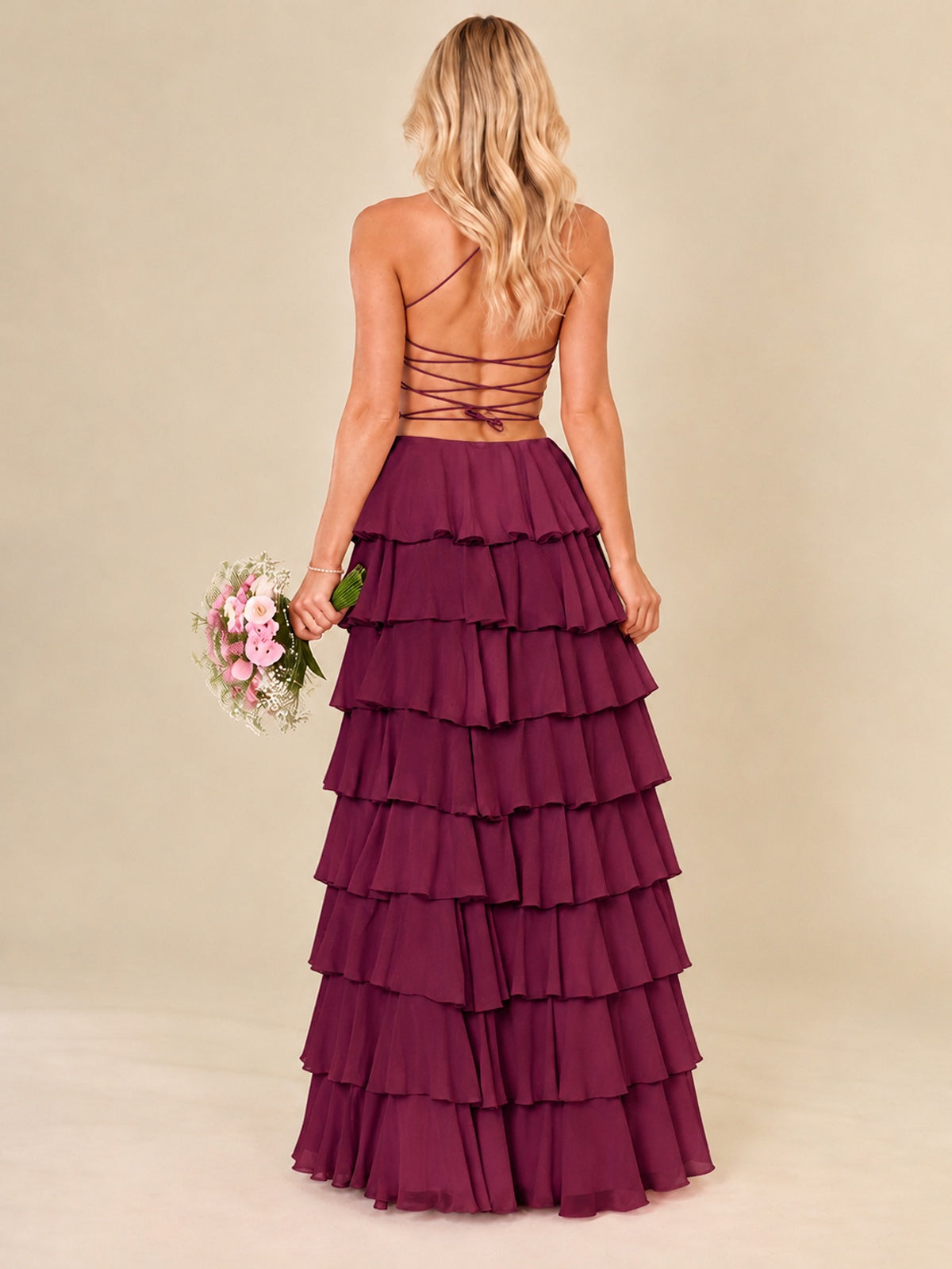 Ruffled Tiered Chiffon Prom Dress Spaghetti Straps Formal Maxi Dress with Slit