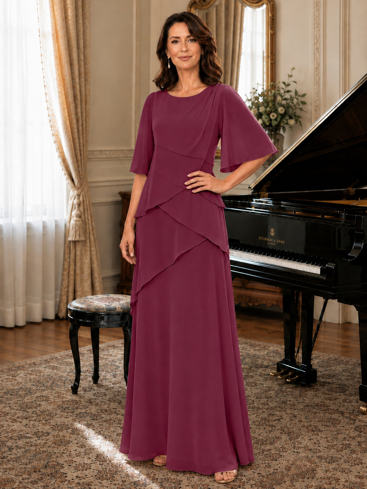 Asymmetric Draped Chiffon Mother of the Bride Dress with Flutter Sleeves