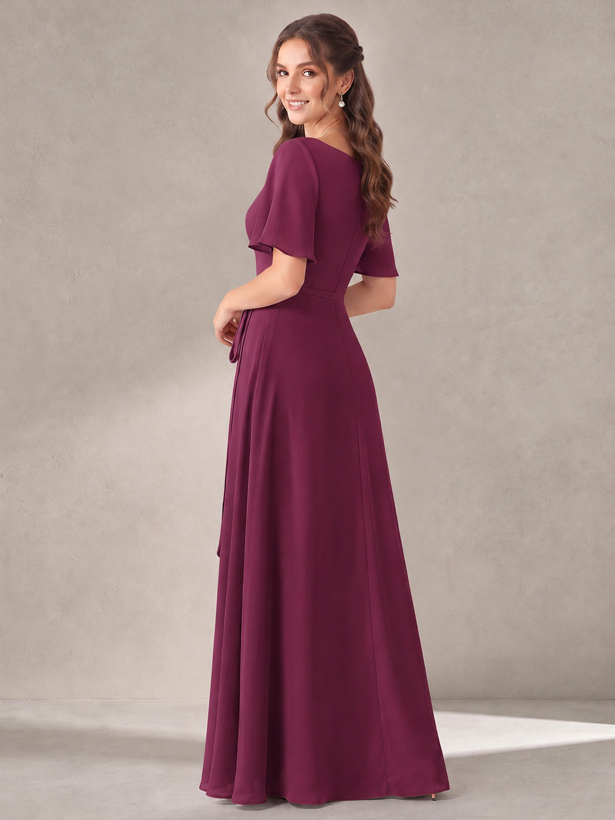 Scoop Neck A-line Chiffon Bridesmaid Dress with Flutter Sleeve & Belt