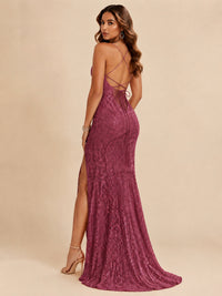 Sequin Lace Appliques Mermaid Prom Dress Spaghetti Strap Formal Gowns with Slit