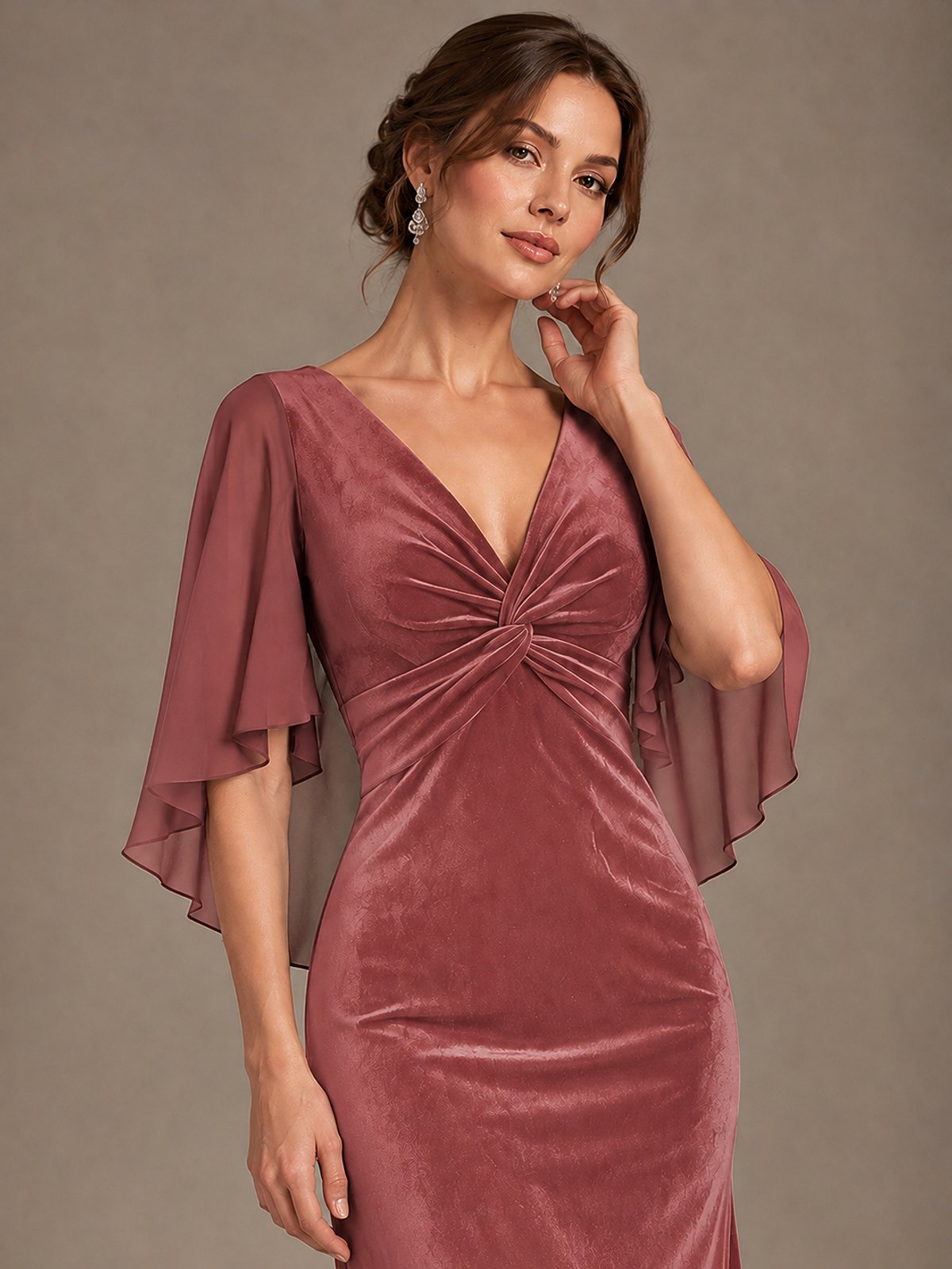 Navy Blue Velvet V Neck Mermaid Formal Dress with Flutter Cape Sleeves