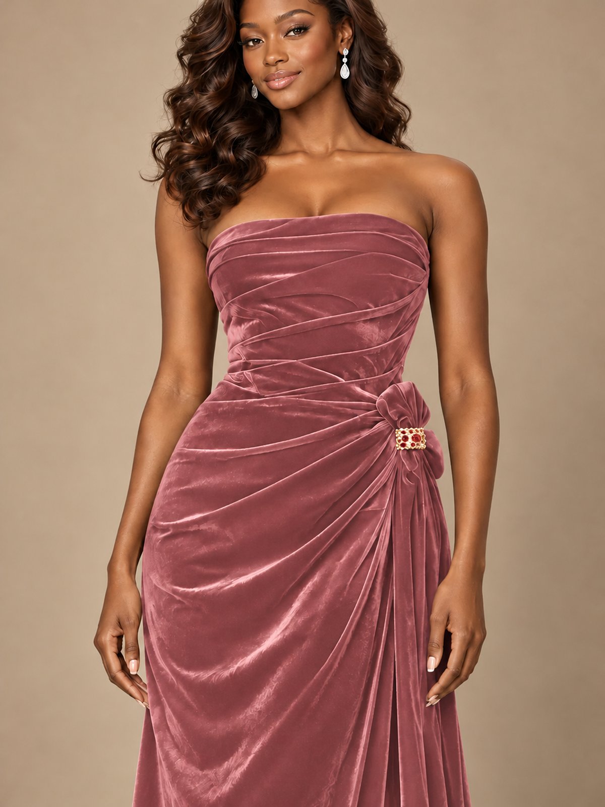 Burgundy Velvet Strapless Ruched Prom Dress with Jeweled Side Drape