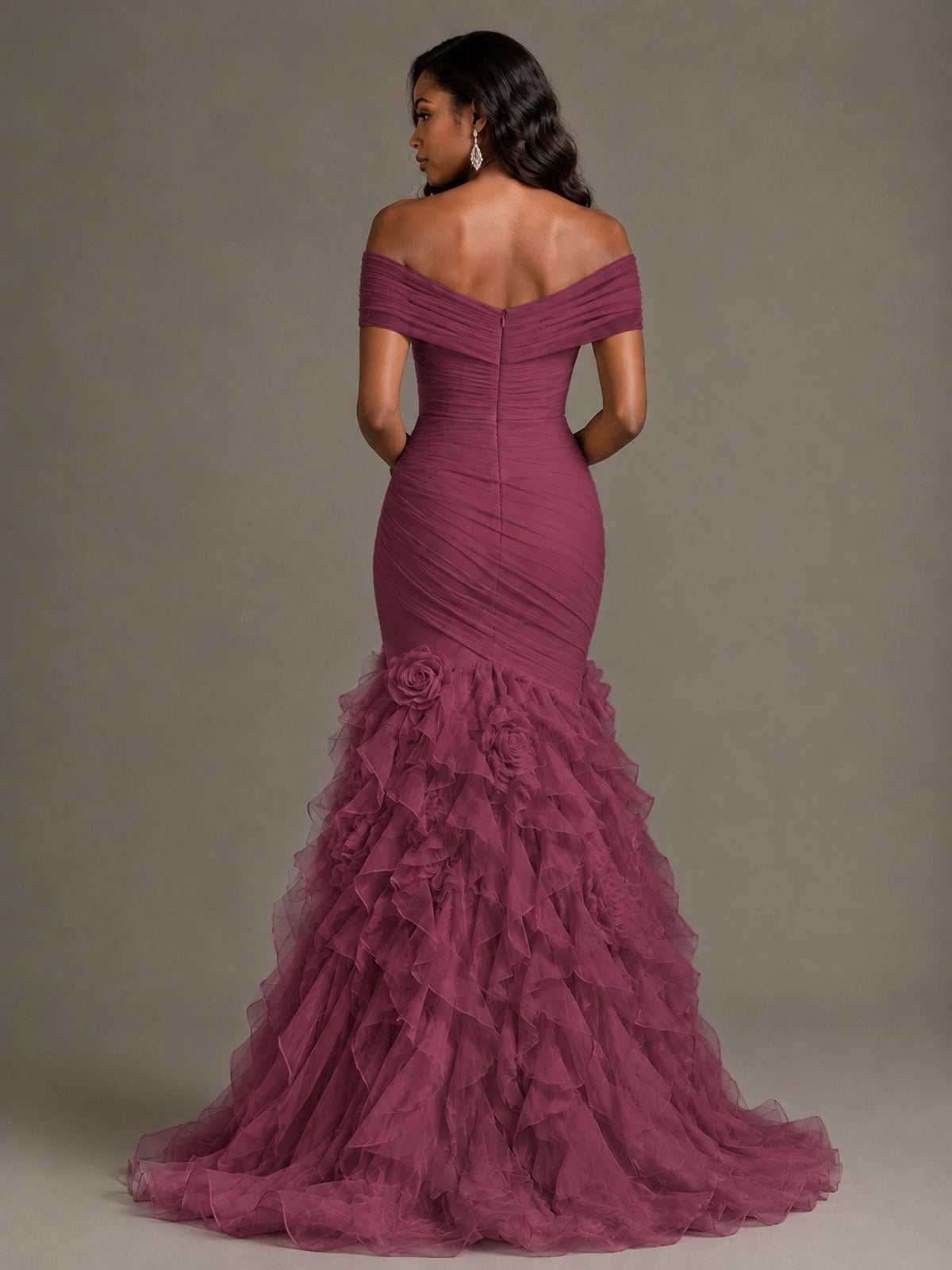 Pink Off-the-Shoulder Mermaid Prom Dress with Ruffles 3D Flowers
