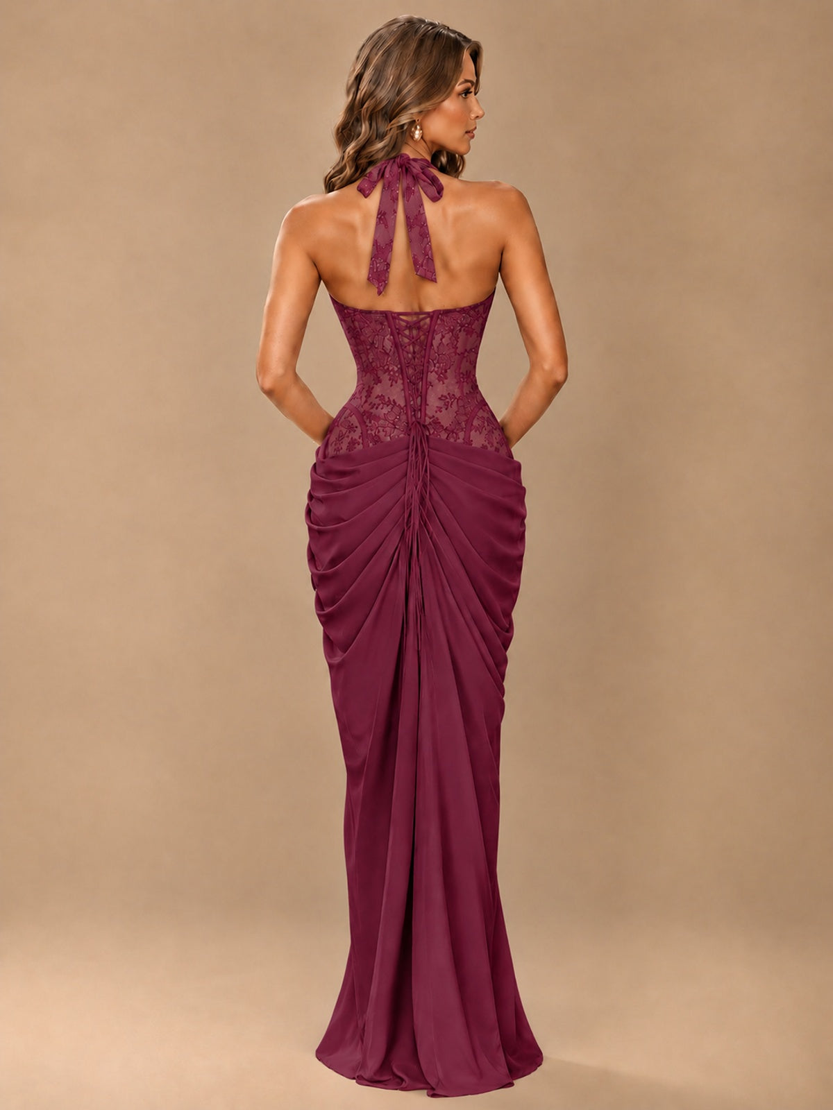 Sweetheart Halter Prom Dress Pleated Lace Floral Formal Dress with Slit