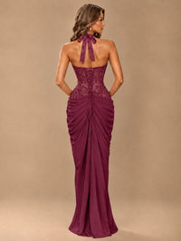 Sweetheart Halter Prom Dress Pleated Lace Floral Formal Dress with Slit
