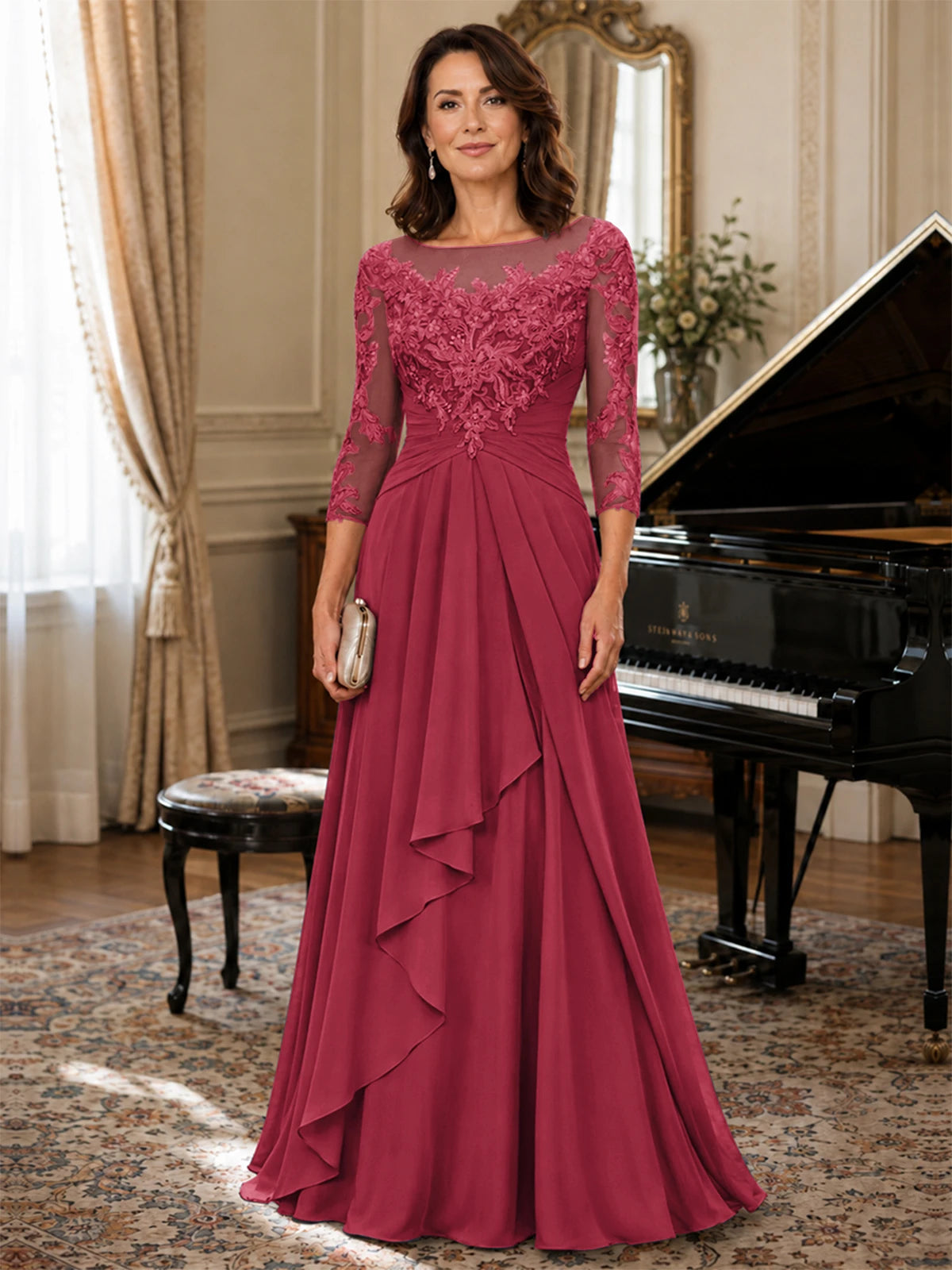 A-Line Chiffon Mother of the Bride Dress with Floral Applique 3/4 Sleeves