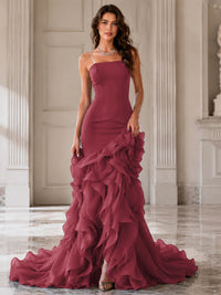 Mermaid Formal Evening Dress with Layered Ruffle Train