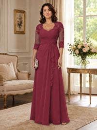 Chiffon Lace Applique Mother of the Bride Dress with 3/4 Sleeves