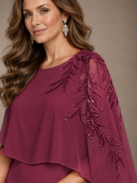 Elegant Chiffon Cape Sleeve Beaded Mother of the Bride Dress