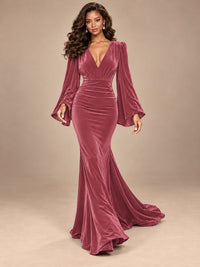 Burgundy Velvet Deep V-Neck Ruched Long Sleeve Maxi Dress